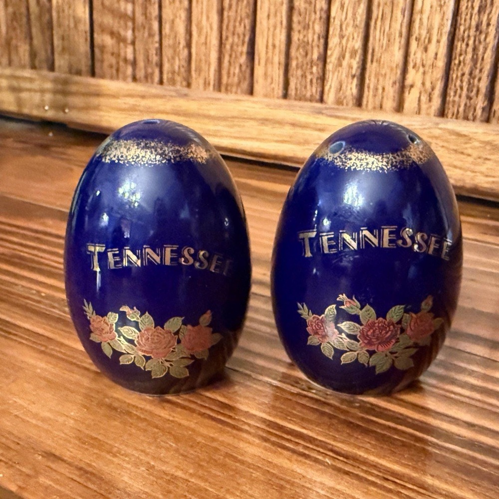 Vintage Tennessee Souvenir Salt Pepper Shakers Cobalt Blue Gold Floral Pair